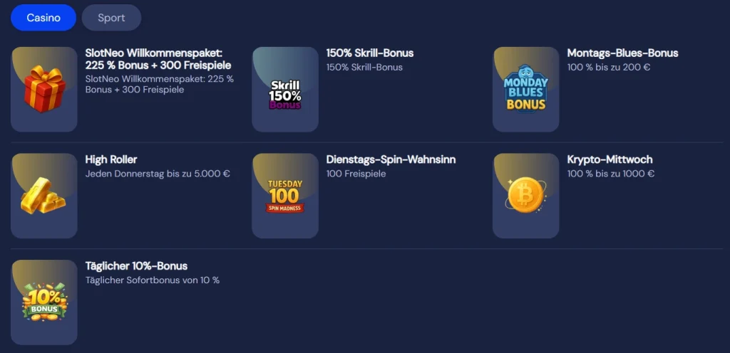 SlotNeo Casino Bonusübersicht mit Wochenaktionen Freispiele und Krypto Bonus