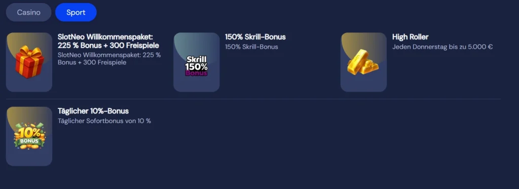 SlotNeo Casino Bonusübersicht mit Willkommensbonus Skrill Bonus und High Roller Angebot