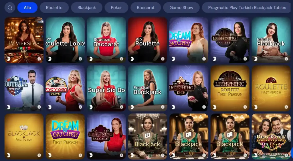 SlotNeo Casino Live Casino Lobby mit Roulette Blackjack und Game Show Spielen