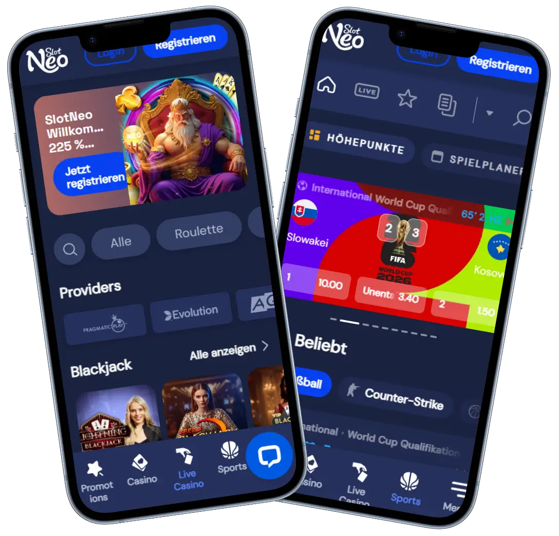 SlotNeo Casino mobile Version mit Casino und Sportwetten Oberfläche auf Smartphone