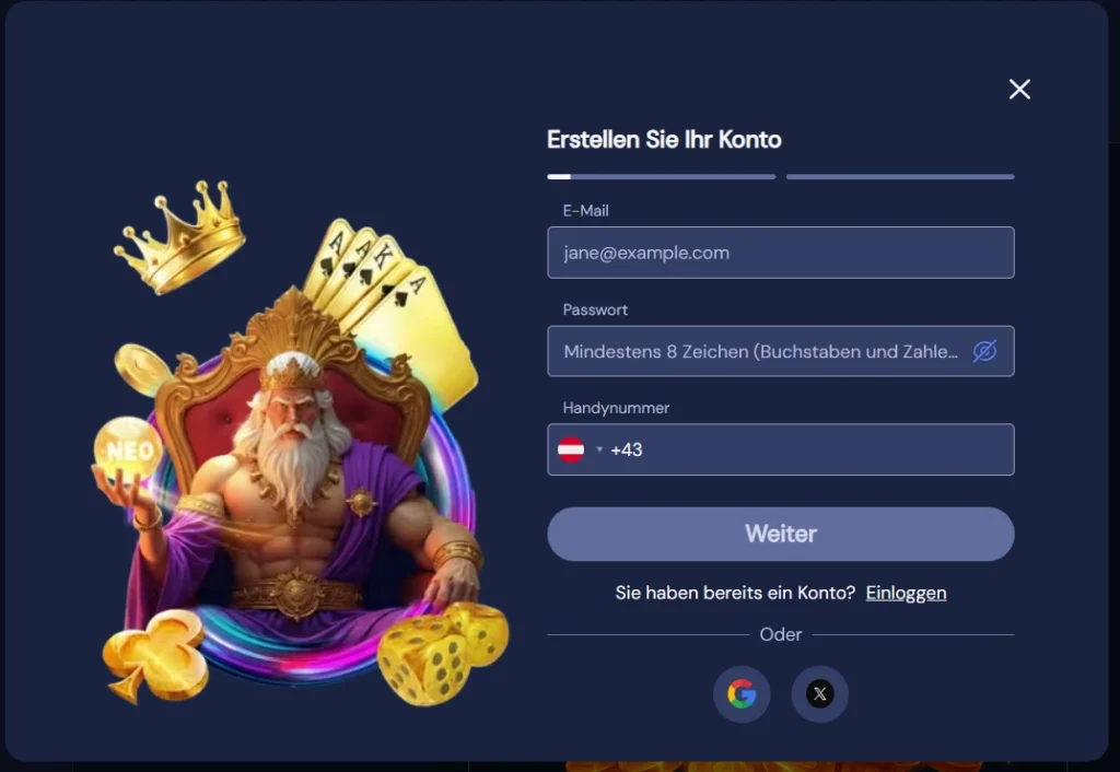 SlotNeo Casino Registrierungsformular zur Kontoerstellung mit Eingabefeldern