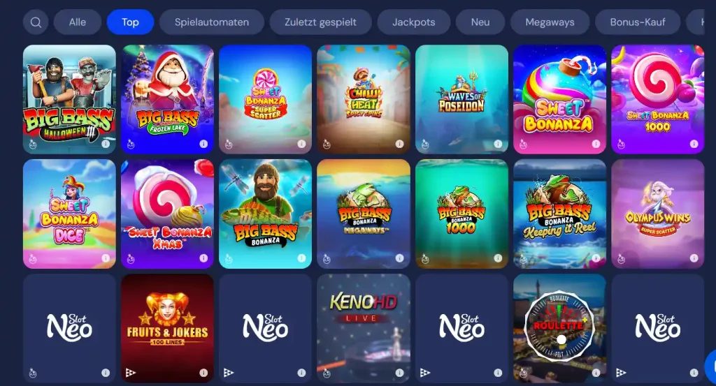 SlotNeo Casino Slot Spiele Lobby mit Top Games und verschiedenen Spielautomaten
