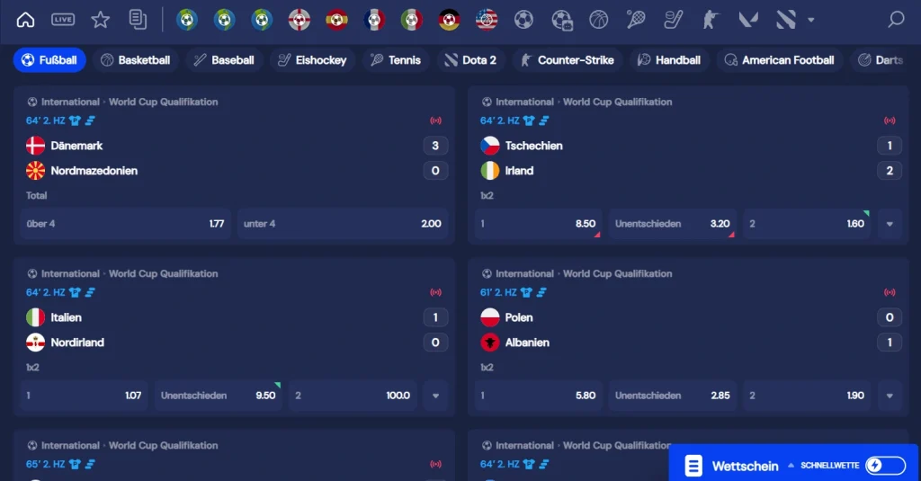 SlotNeo Casino Sportwetten Bereich mit Live Spielen und WM Qualifikation Matches